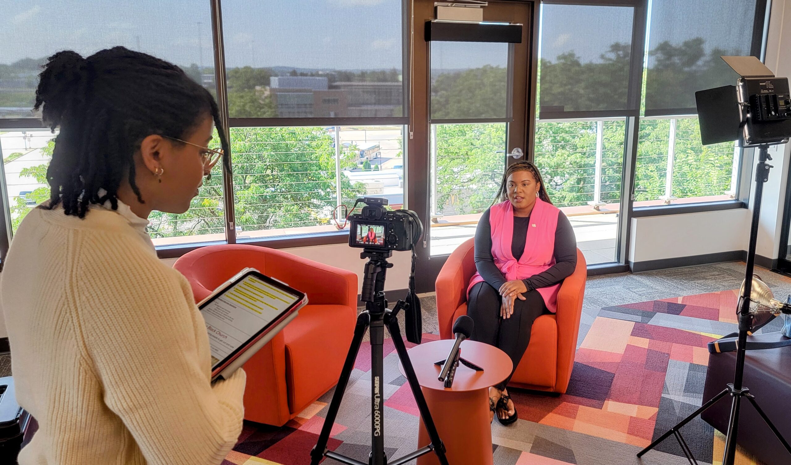 Behind-the-scenes interview setup for a campaign shoot